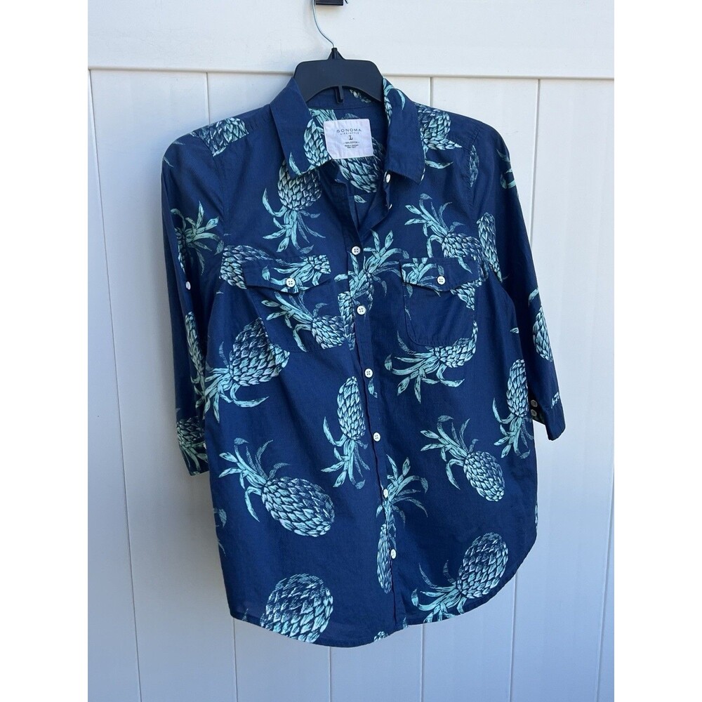 Sonoma Top Womens Large Blue Pineapple Print Shirt Button Up 3/4 Sleeve
